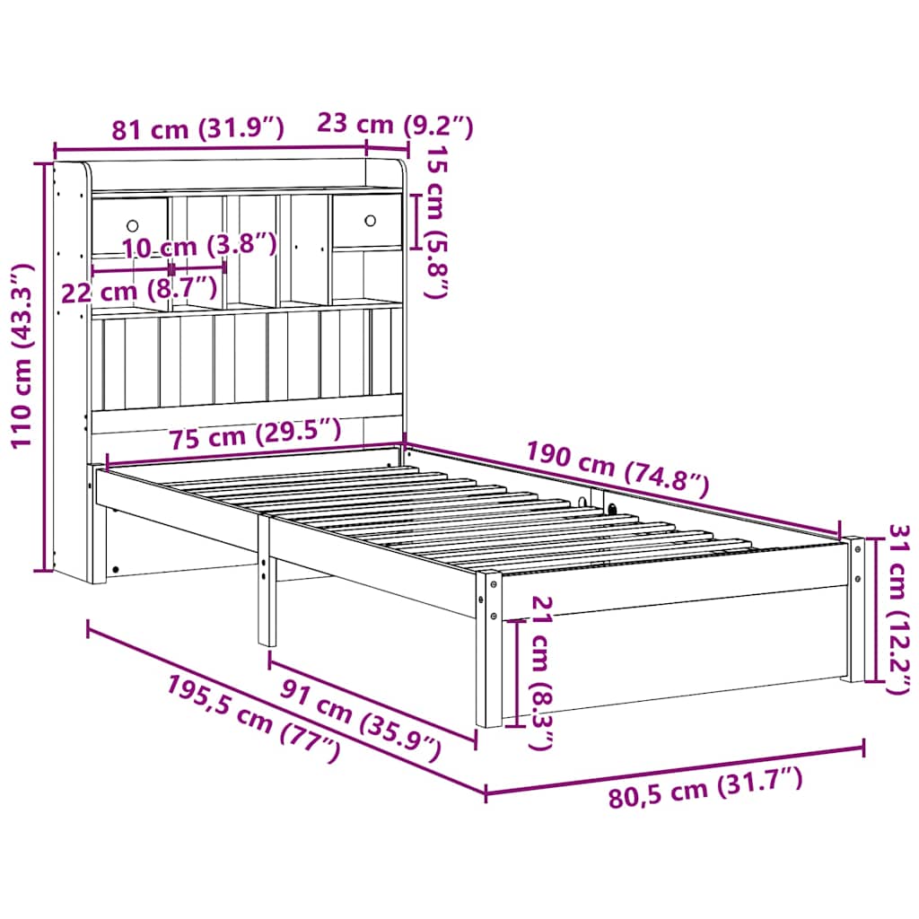 Bookcase Bed without Mattress White 75x190cm Solid Wood Pine