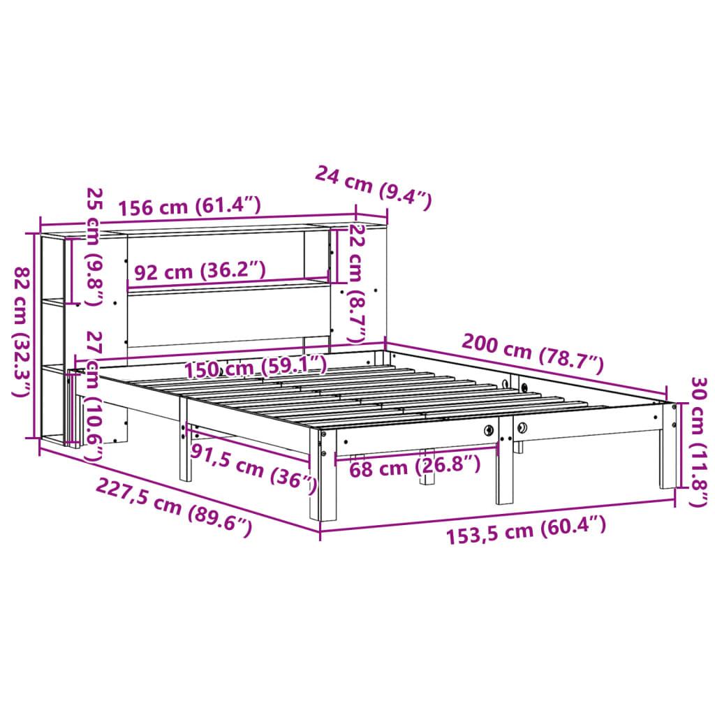 Bookcase Bed without Mattress White 150x200cm Solid Wood Pine