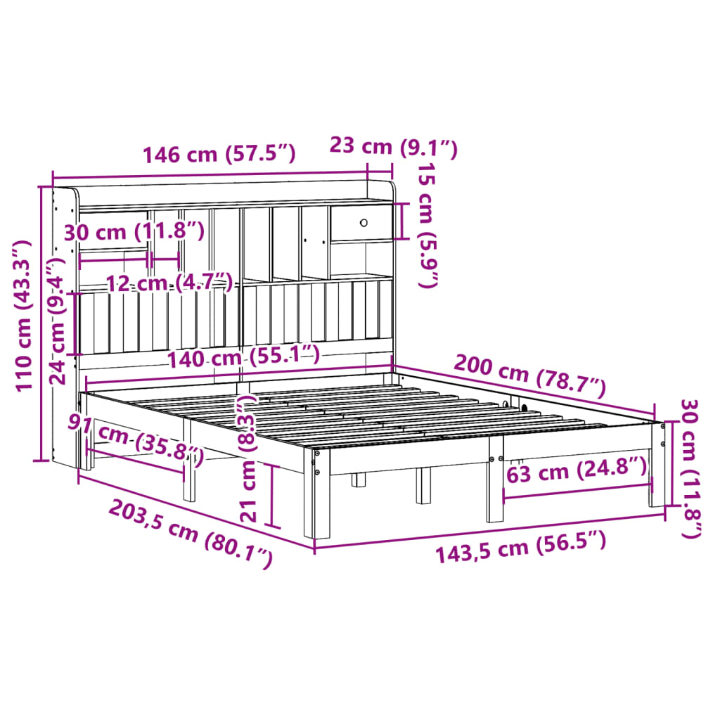 Bookcase Bed without Mattress 140x200cm Solid Wood Pine