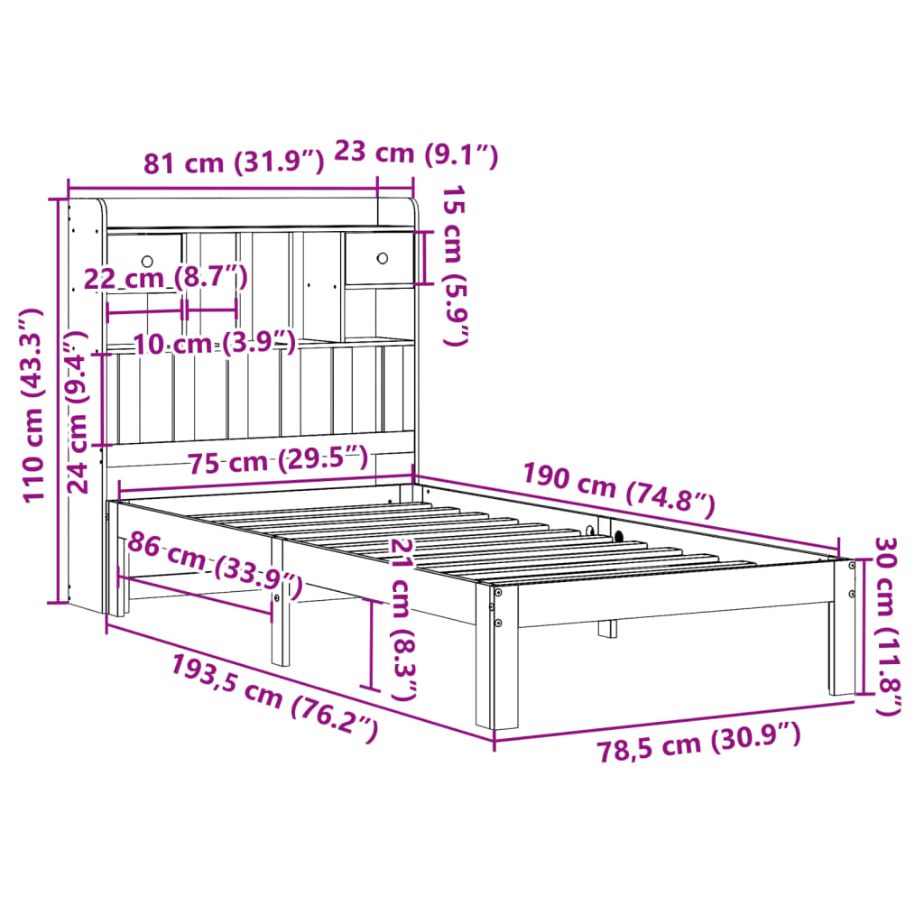 Bookcase Bed without Mattress Wax Brown 75x190 cm