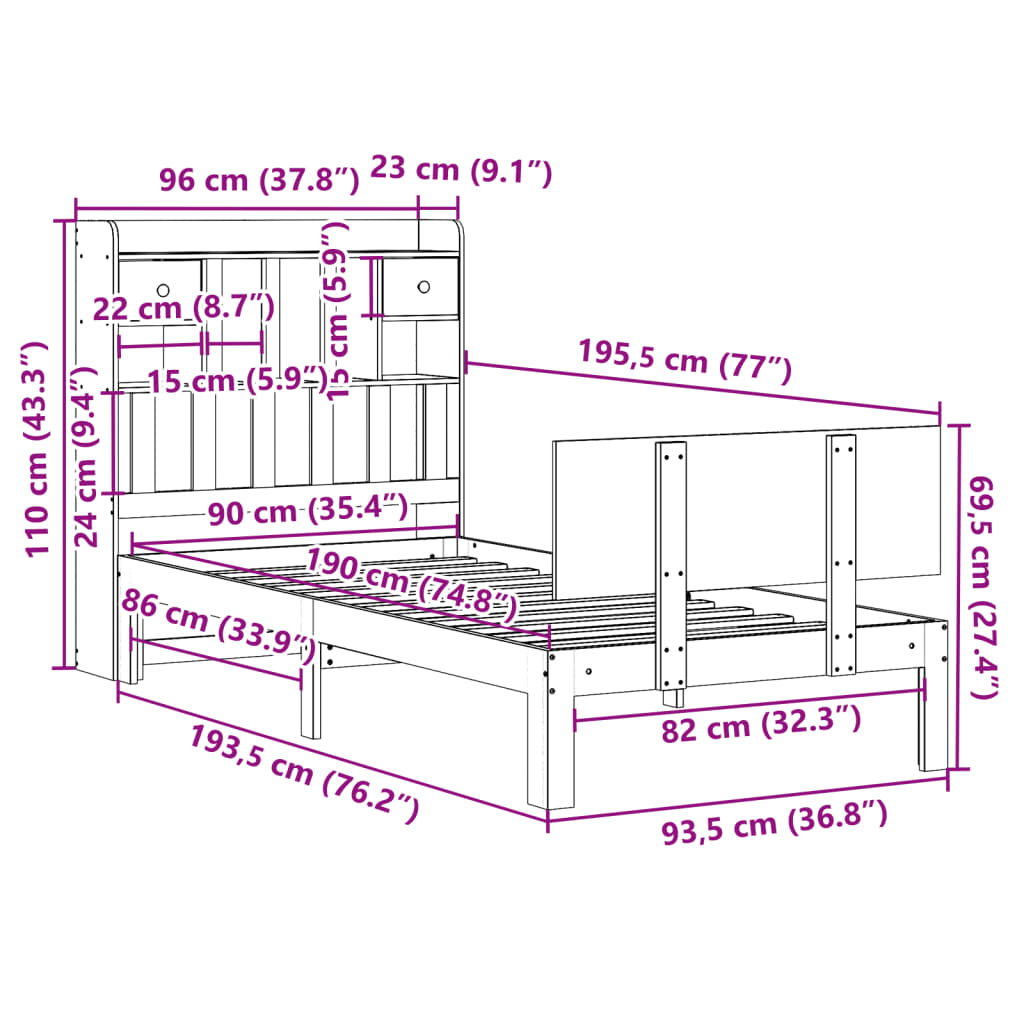 Bookcase Bed without Mattress White 90x190cm Solid Wood Pine