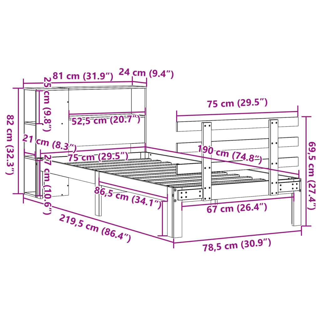 Bookcase Bed without Mattress 75x190 cm Small Single Solid Wood Pine