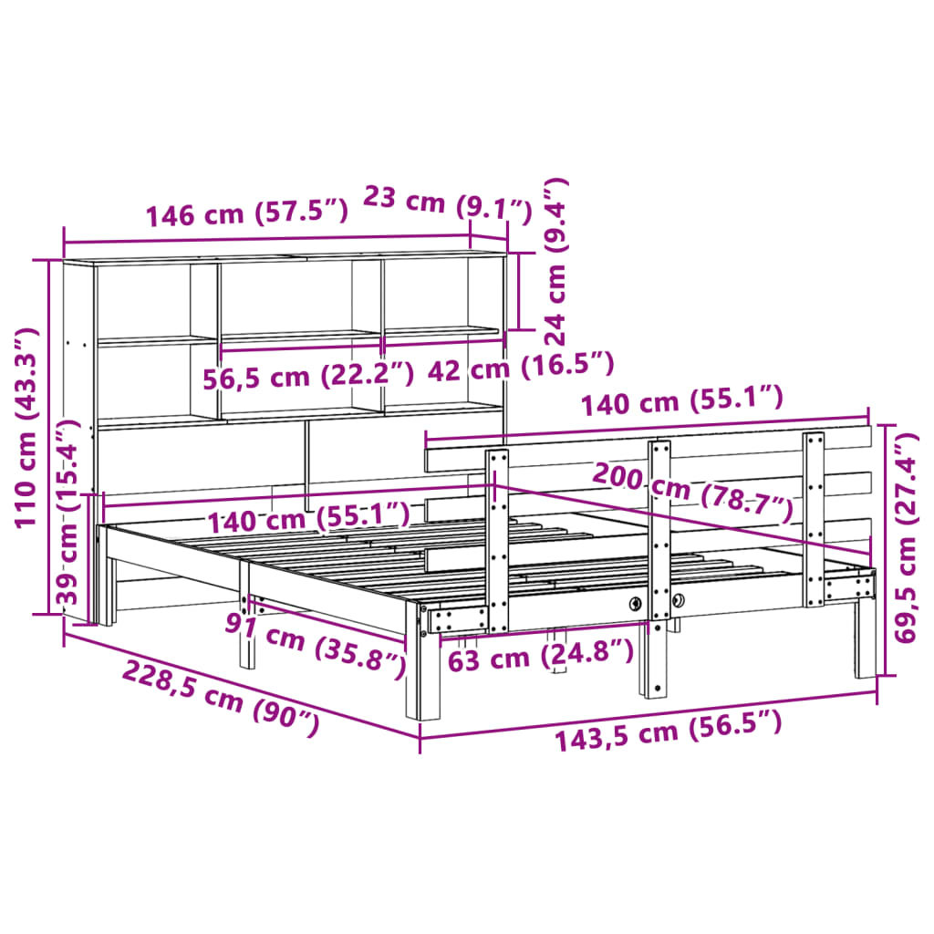 Bookcase Bed without Mattress White 140x200cm Solid Wood Pine