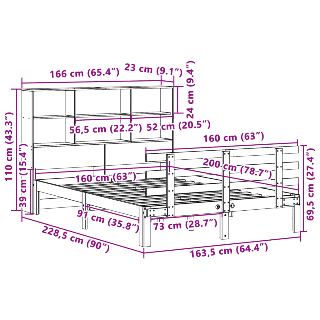 Bookcase Bed without Mattress White 160x200cm Solid Wood Pine