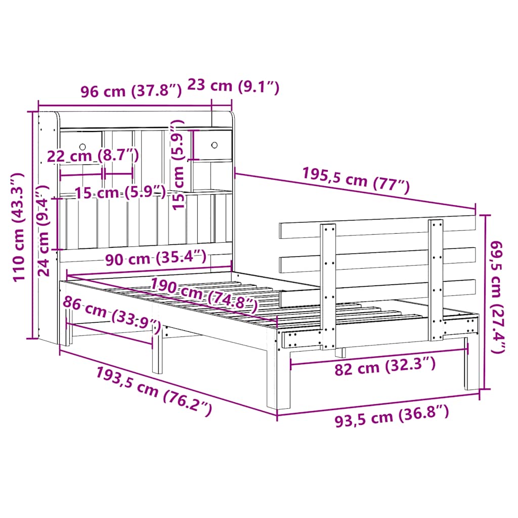 Bookcase Bed without Mattress 90x190 cm Single Solid Wood Pine