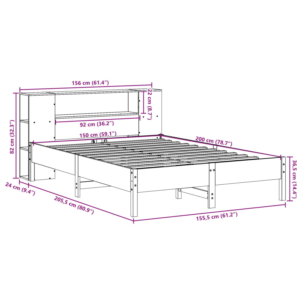 Bookcase Bed without Mattress White 150x200cm Solid Wood Pine