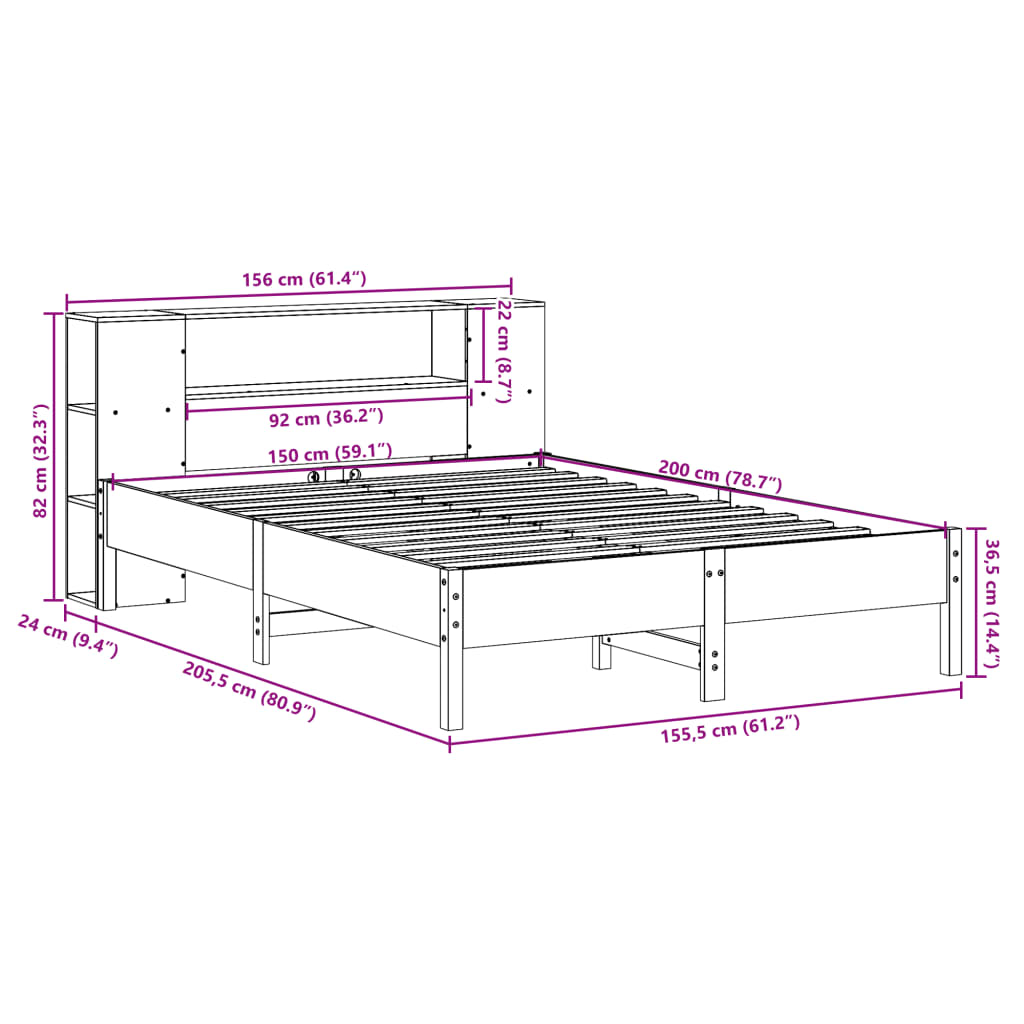 Bookcase Bed without Mattress Wax Brown 150x200 cm King Solid Wood Pine
