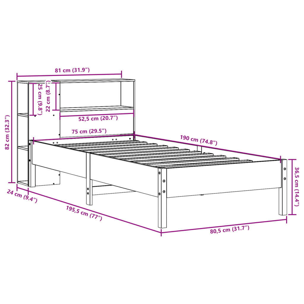 Bookcase Bed without Mattress 75x190cm Solid Wood Pine