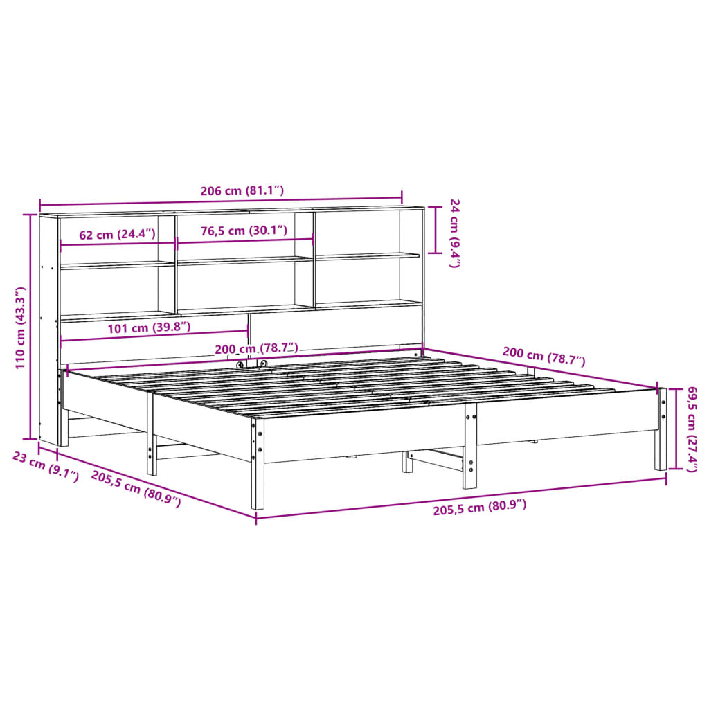 Bookcase Bed without Mattress Wax Brown 200x200 cm
