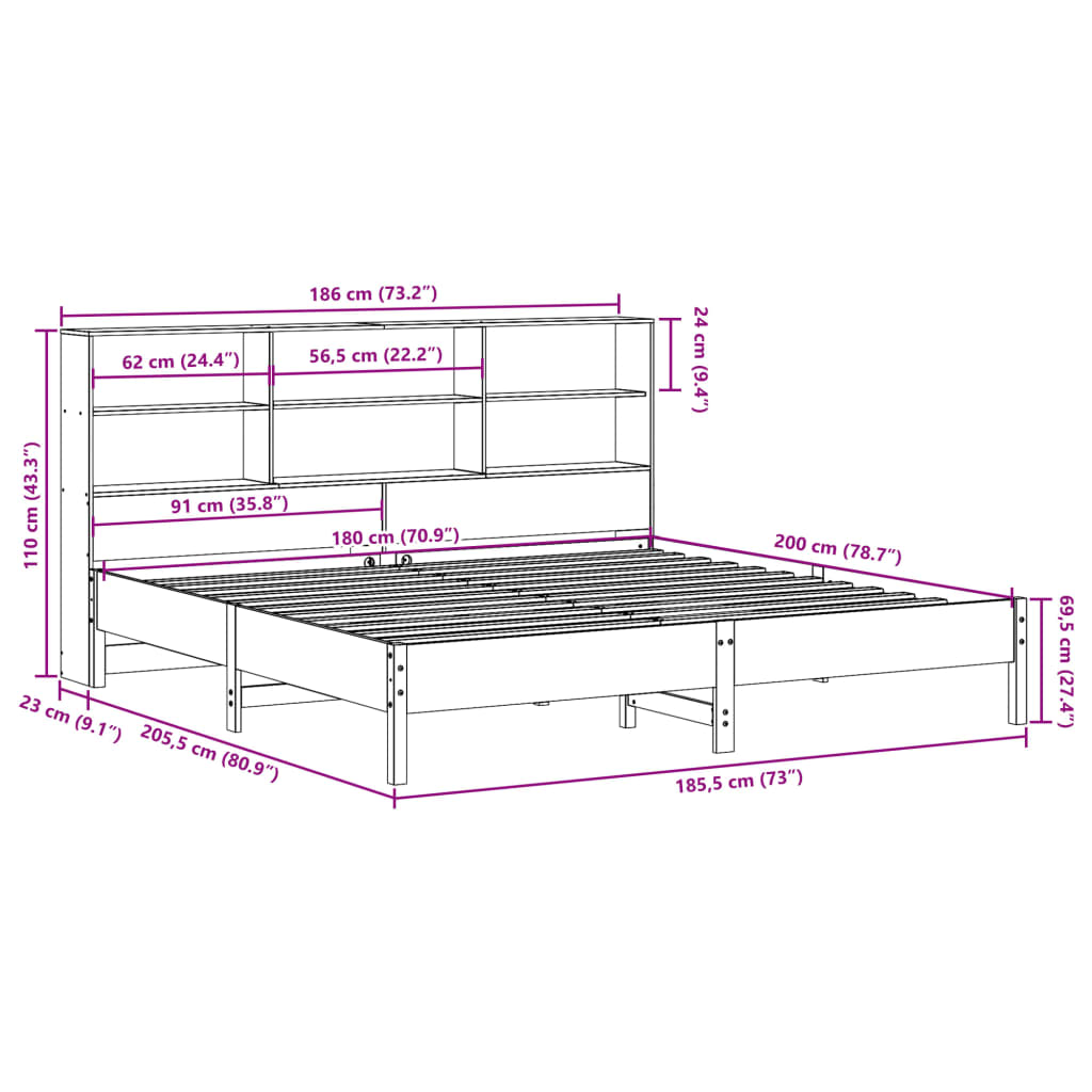 Bookcase Bed without Mattress White 180x200cm Solid Wood Pine