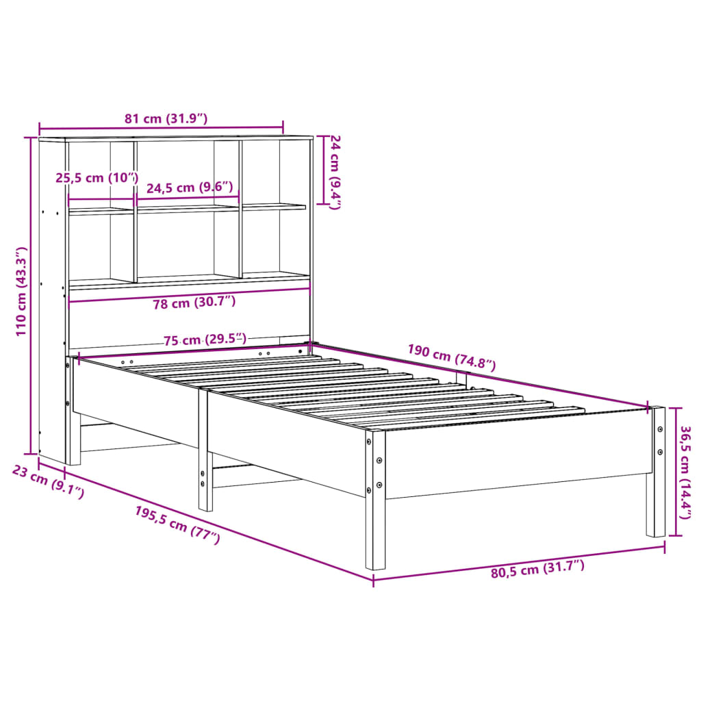 Bookcase Bed without Mattress Wax Brown 75x190 cm