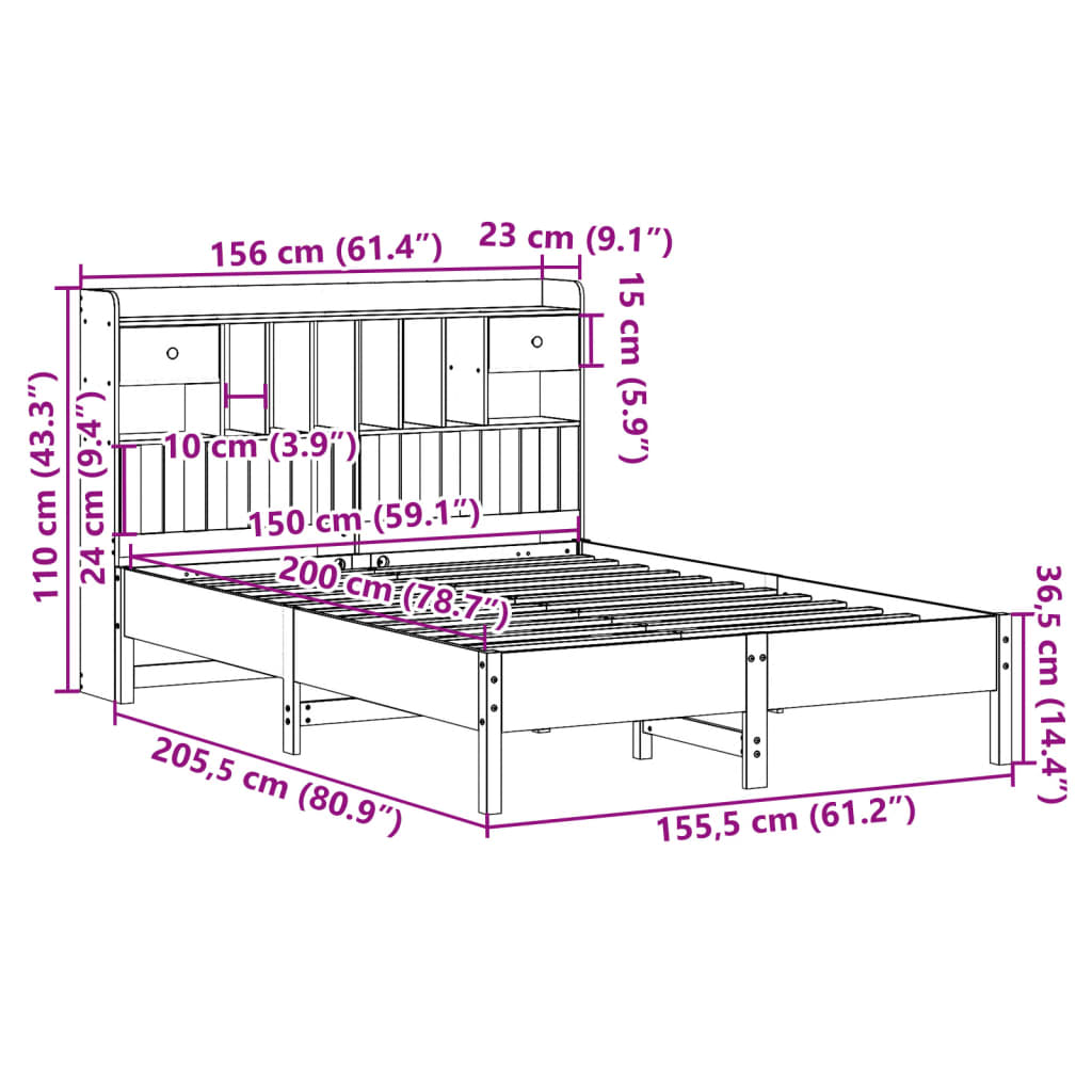 Bookcase Bed without Mattress White 150x200cm Solid Wood Pine