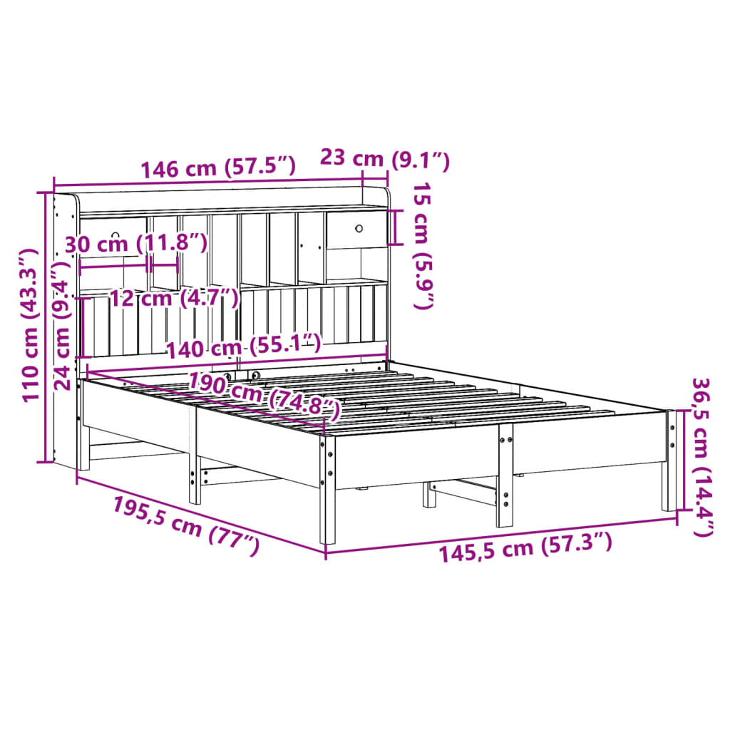 Bookcase Bed without Mattress White 140x190 cm Solid Wood Pine