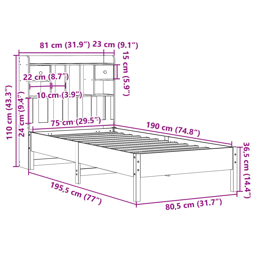 Bookcase Bed without Mattress White 75x190cm Solid Wood Pine