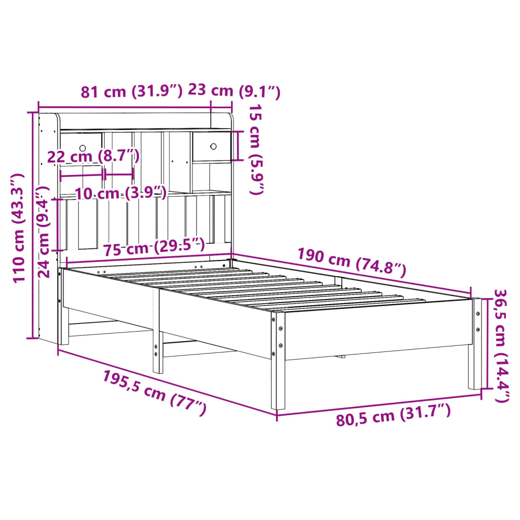 Bookcase Bed without Mattress Wax Brown 75x190 cm