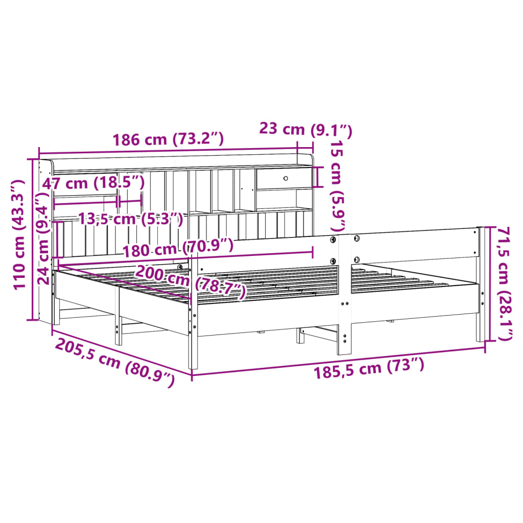 Bookcase Bed without Mattress White 180x200cm Super King Solid Wood Pine