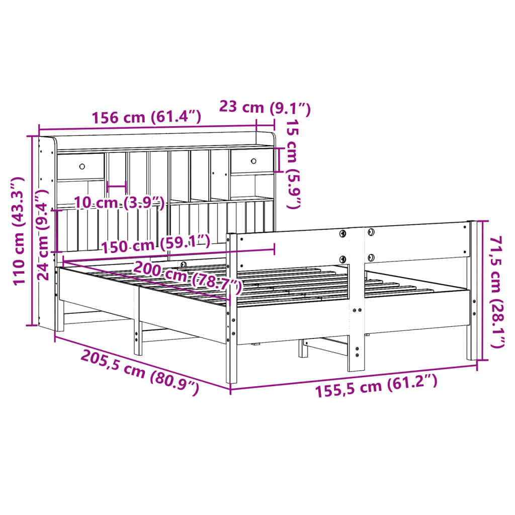Bookcase Bed without Mattress White 150x200cm Solid Wood Pine