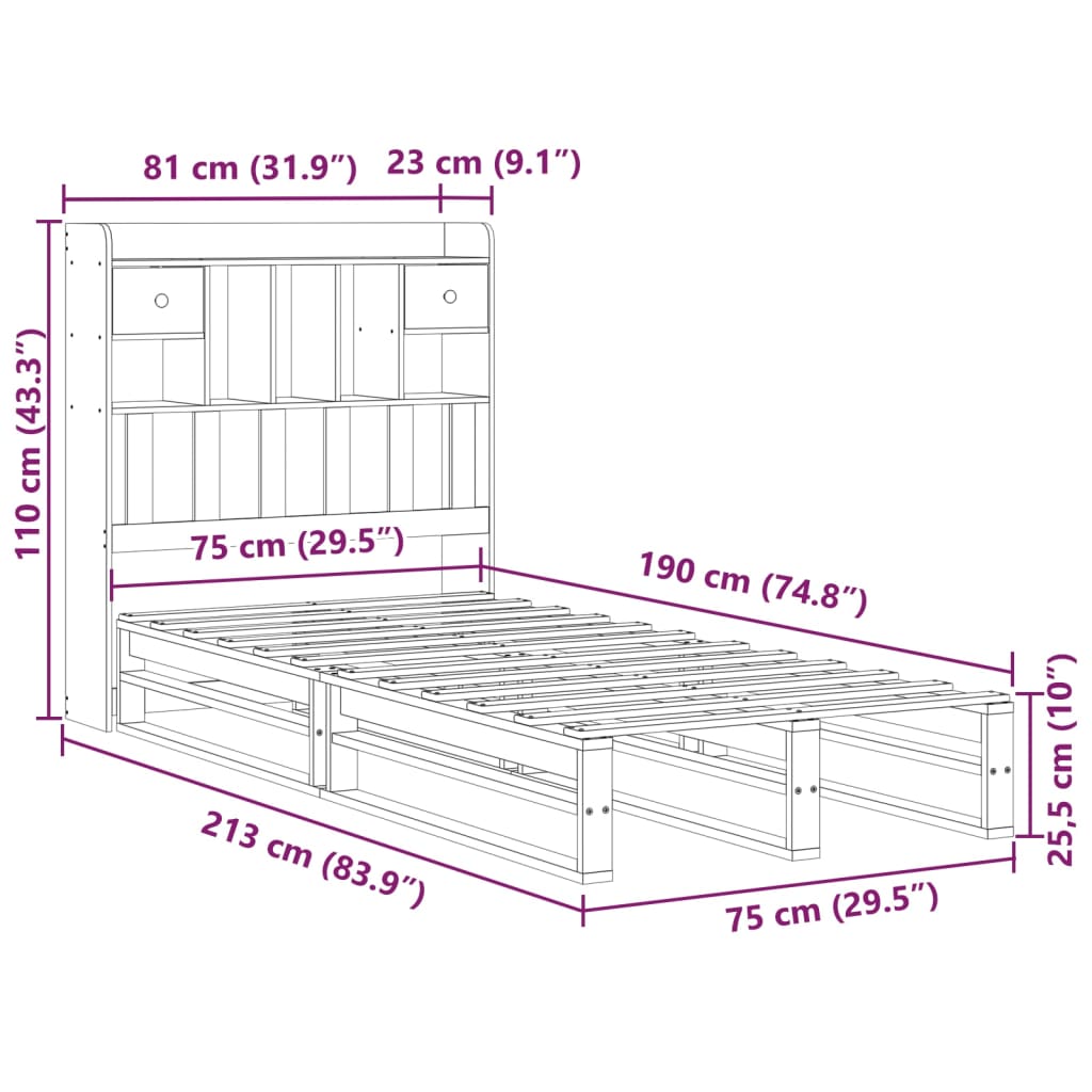 Bookcase Bed without Mattress Wax Brown 75x190 cm