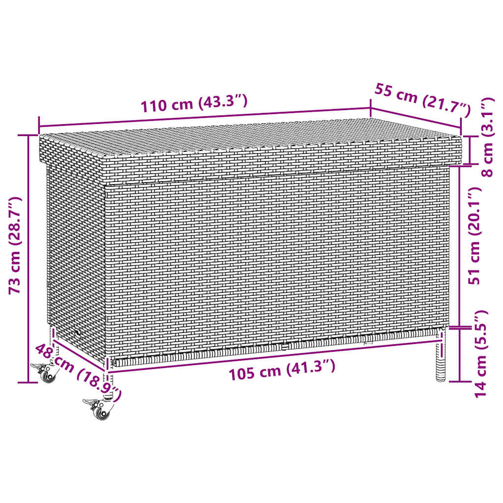 Garden Storage Box with Wheels Grey 110x55x73 cm Poly Rattan