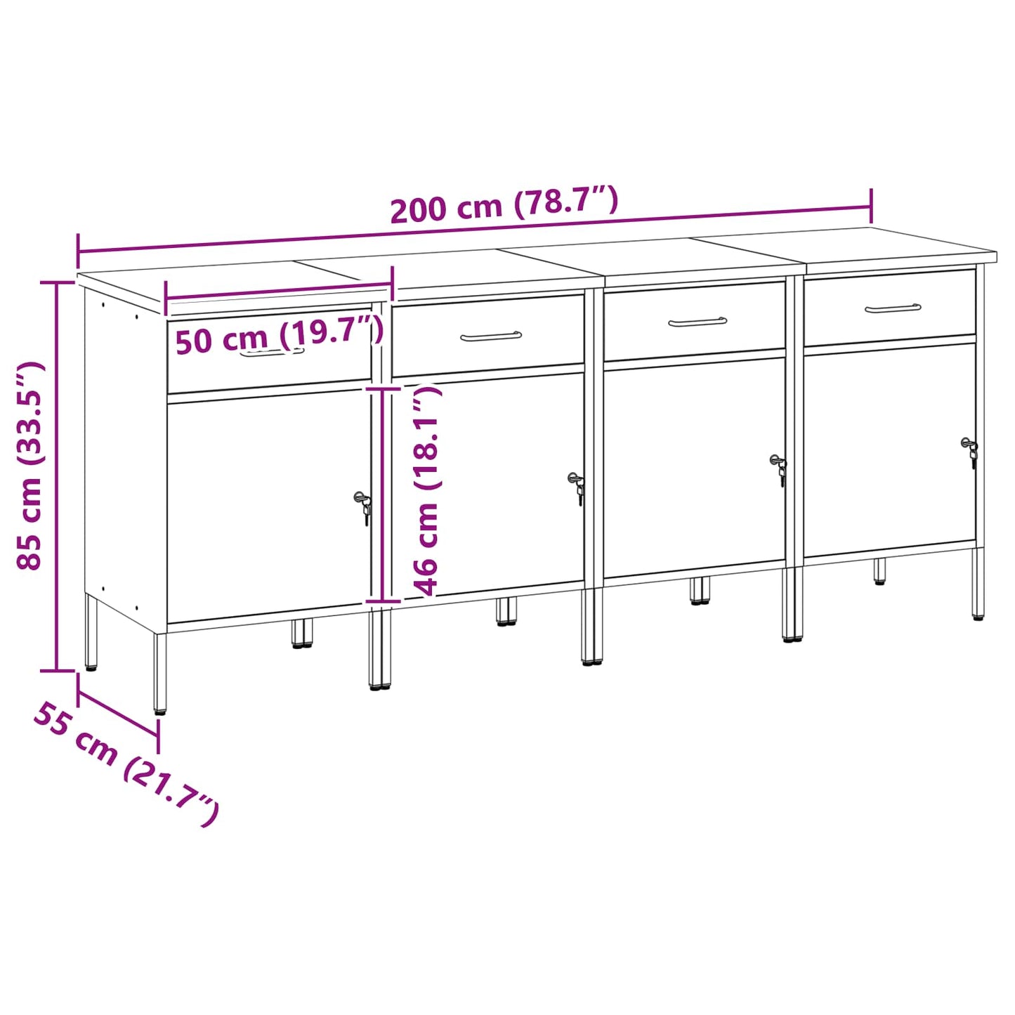 Work Cabinet with Drawer 4 pcs Black and Grey 200 x 55 x 85 cm