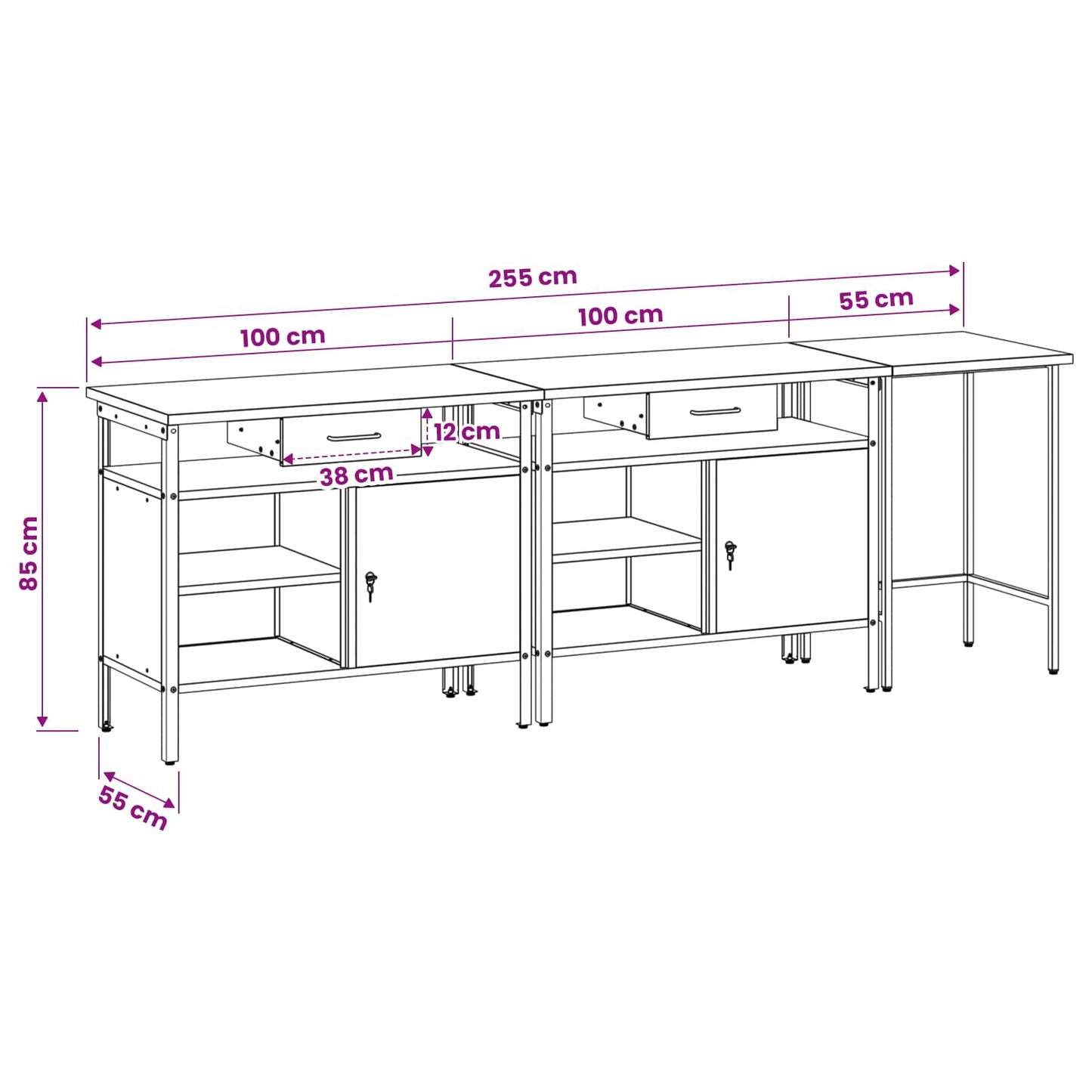 Work Bench Set 3 pcs Black and Grey Powder-Coated Steel