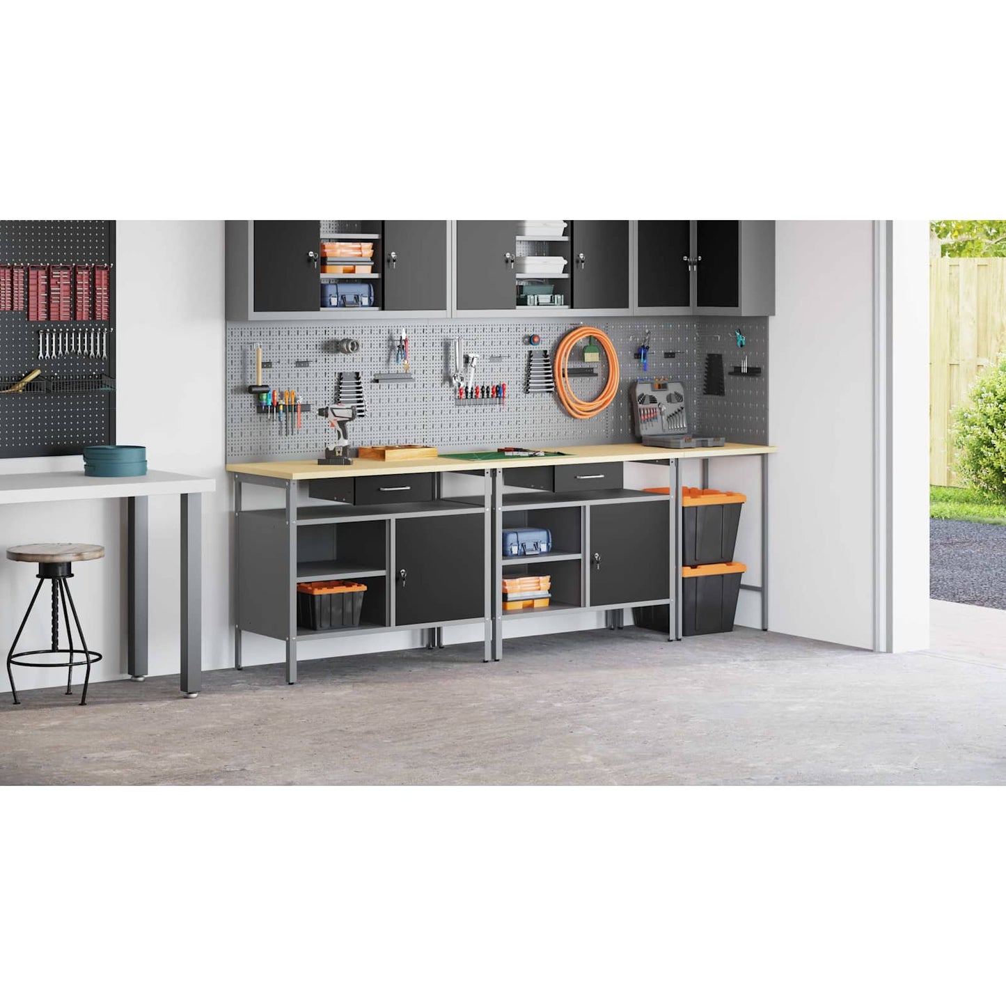 Work Bench Set with Lock 3 pcs Red and Grey Powder-Coated Steel