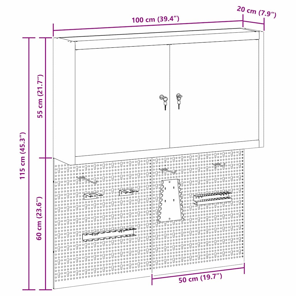 Tool Cabinet Set with Shelf 3 pcs Black Powder-Coated Steel