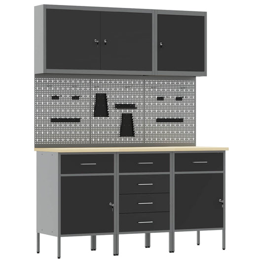 Work Cabinet 8 pcs Black and Grey Engineered Wood and Steel Work Cabinet 8 pcs Black and Grey Engineered Wood and Steel
