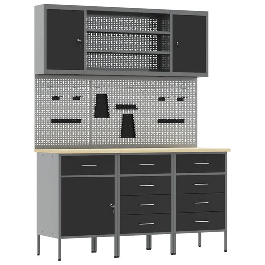 Work Cabinet 7 pcs Black and Grey Engineered Wood and Steel Work Cabinet 7 pcs Black and Grey Engineered Wood and Steel