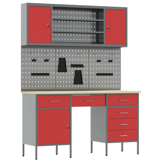 Work Cabinet 7 pcs Red and Grey Engineered Wood and Steel Work Cabinet 7 pcs Red and Grey Engineered Wood and Steel
