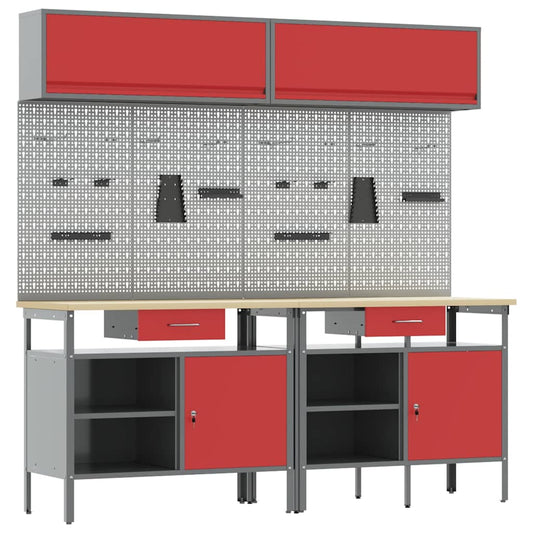 Work Bench Set with Lock 8 pcs Red and Grey Powder-Coated Steel Work Bench Set with Lock 8 pcs Red and Grey Powder-Coated Steel
