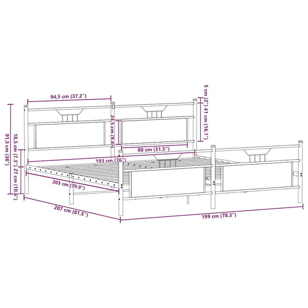 Metal Bed Frame without Mattress Brown Oak 193x201 cm