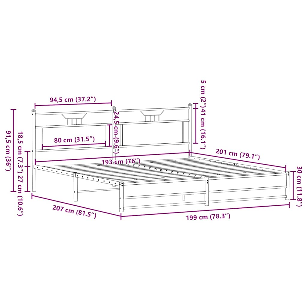 Metal Bed Frame without Mattress Smoked Oak 193x203 cm