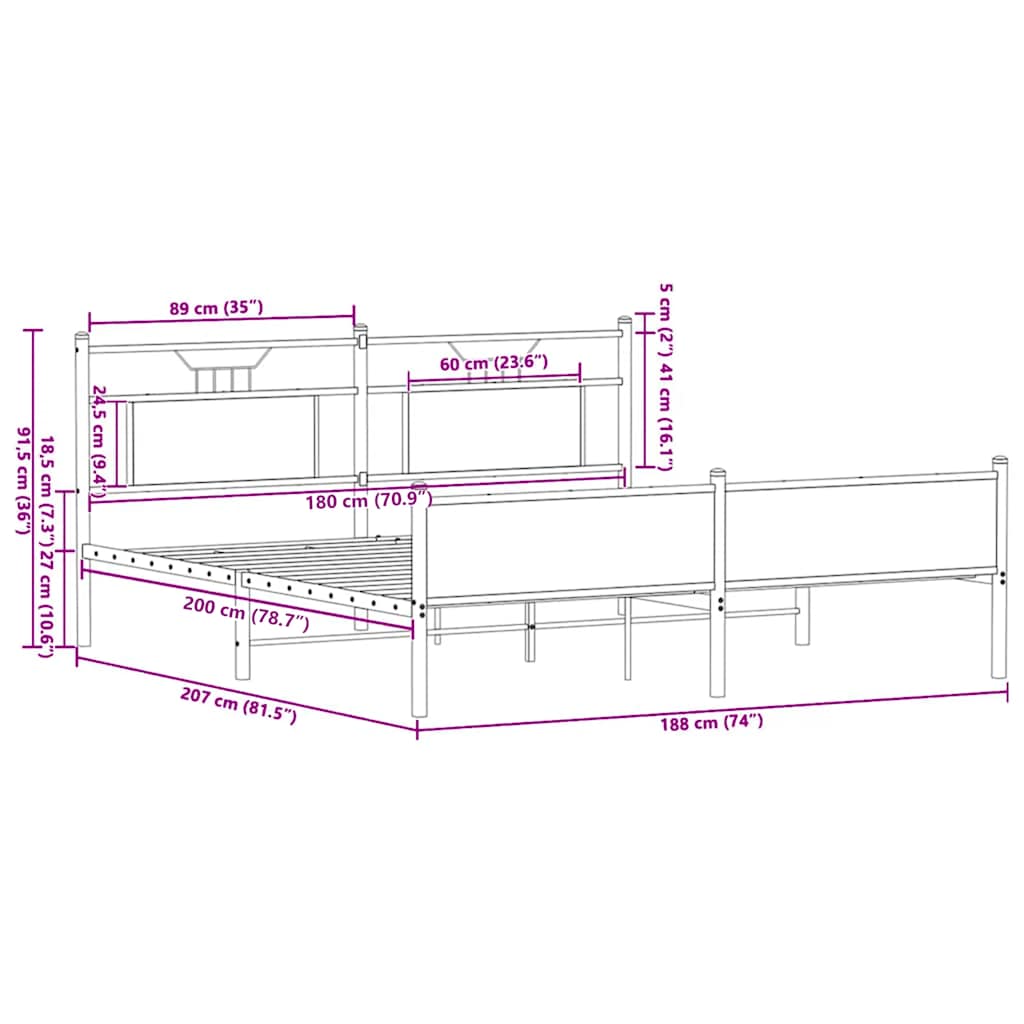 Metal Bed Frame without Mattress Smoked Oak 180x200 cm