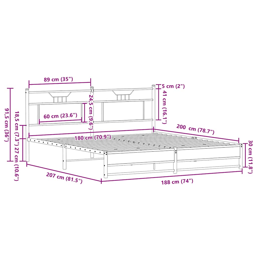 Metal Bed Frame without Mattress Sonoma Oak 180x200 cm