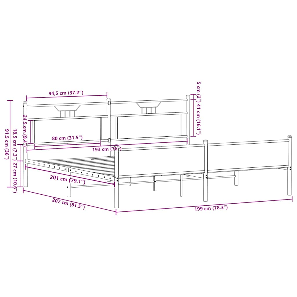 Metal Bed Frame without Mattress Sonoma Oak 193x203 cm