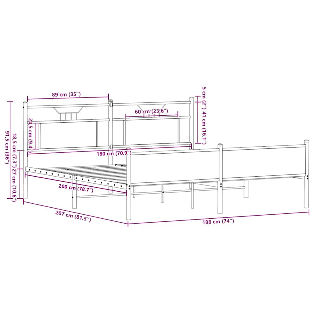Metal Bed Frame without Mattress Brown Oak 180x200 cm