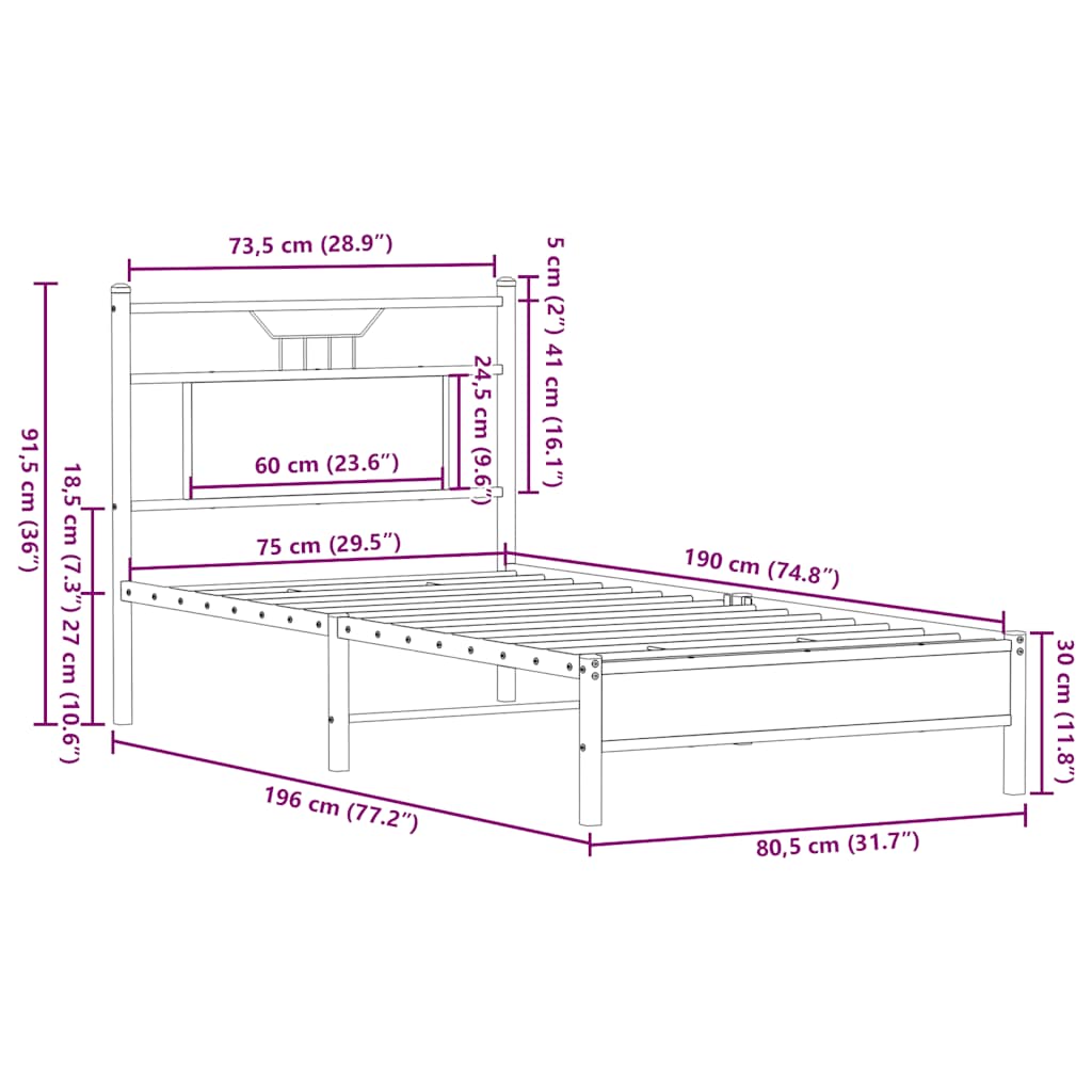 Bed Frame without Mattress Brown Oak 75x190 cm Engineered Wood