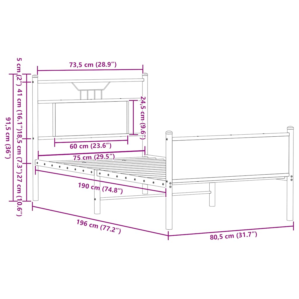 Bed Frame without Mattress Brown Oak 75x190 cm Engineered Wood