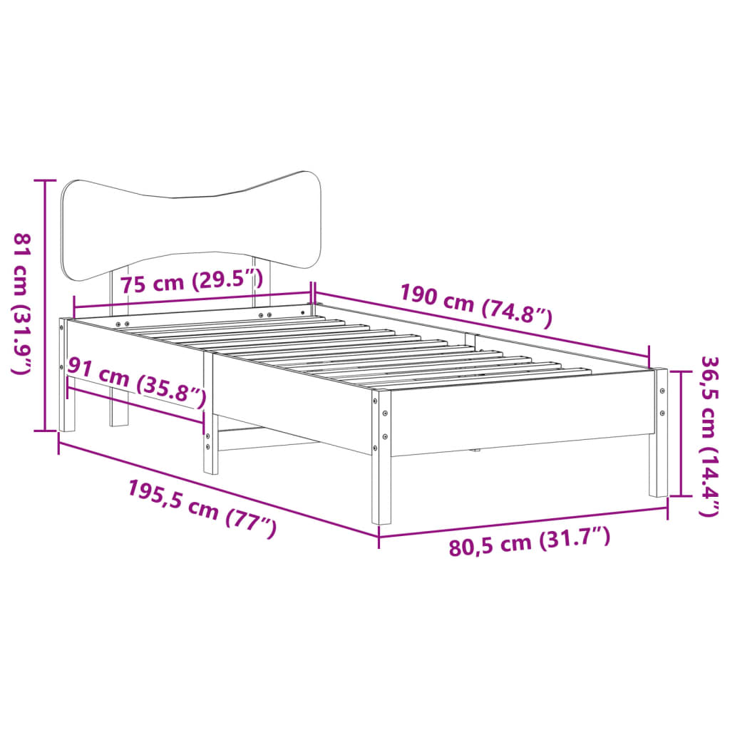 Bed Frame without Mattress Wax Brown 75x190 cm Solid Wood Pine