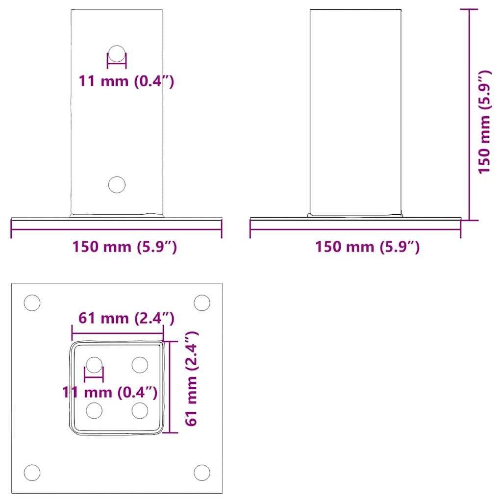 Post Bases Square 4 pcs Anthracite 61x61 mm Powder-coated Steel