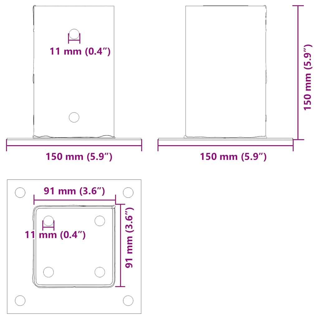 Post Bases Square 12 pcs Anthracite 91x91mm Powder-coated Steel