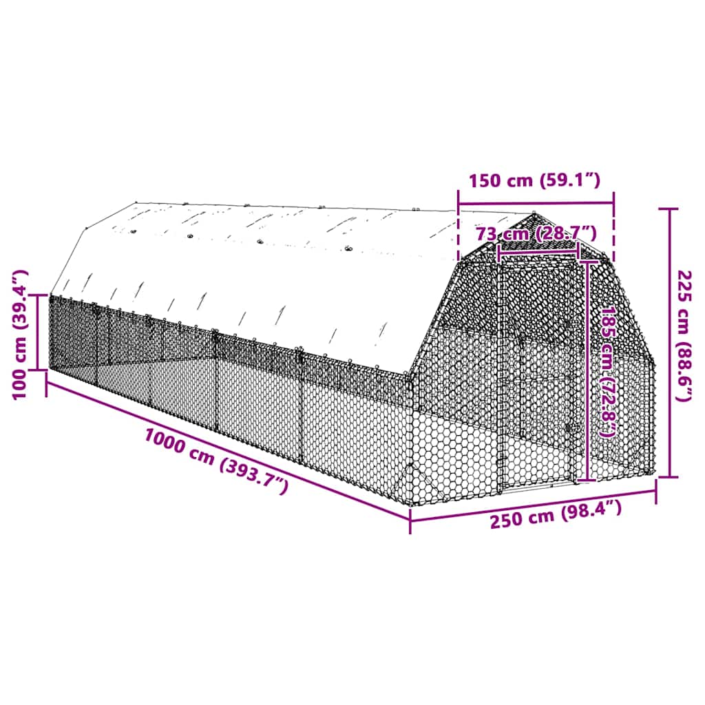 Chicken Run with Roof 2,5x10x2,25 m Galvanised Steel