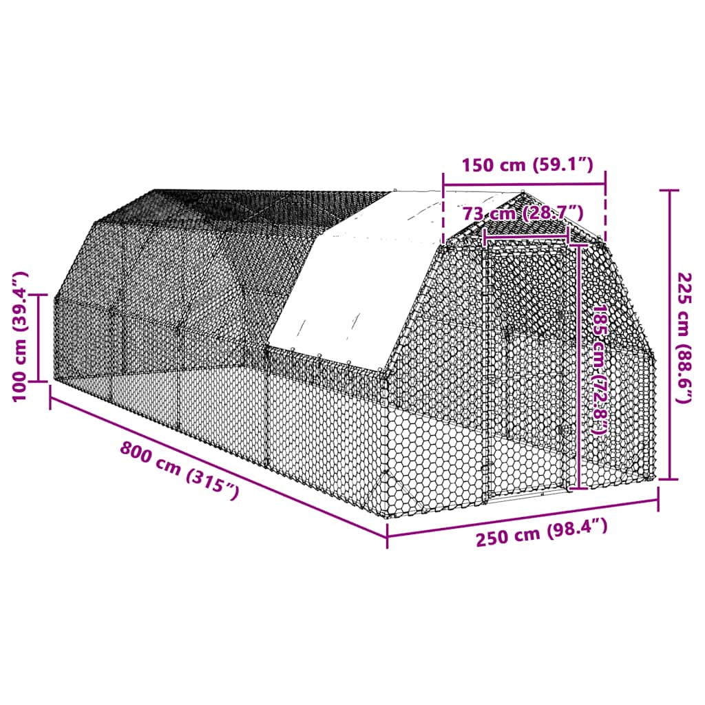 Chicken Run with Roof 2,5x8x2,25 m Galvanised Steel