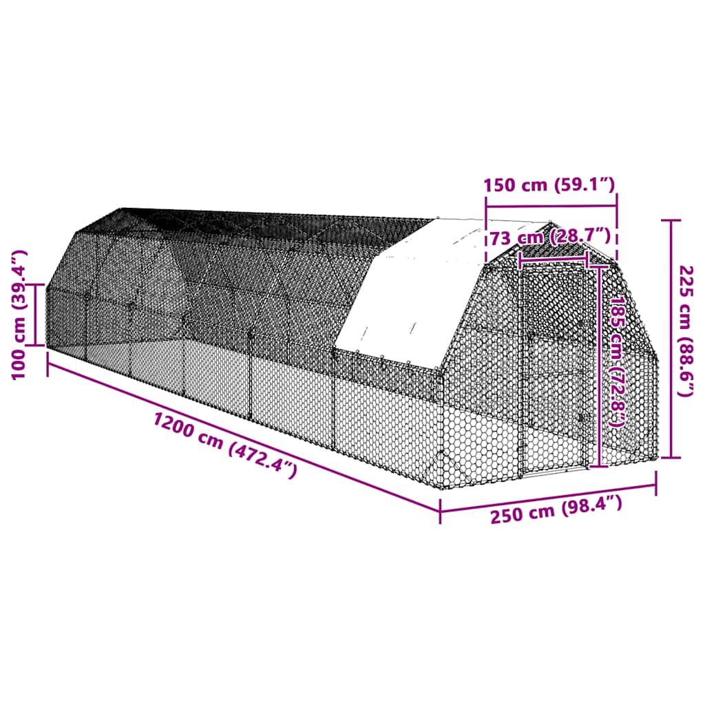 Chicken Run with Roof 2,5x12x2,25 m Galvanised Steel