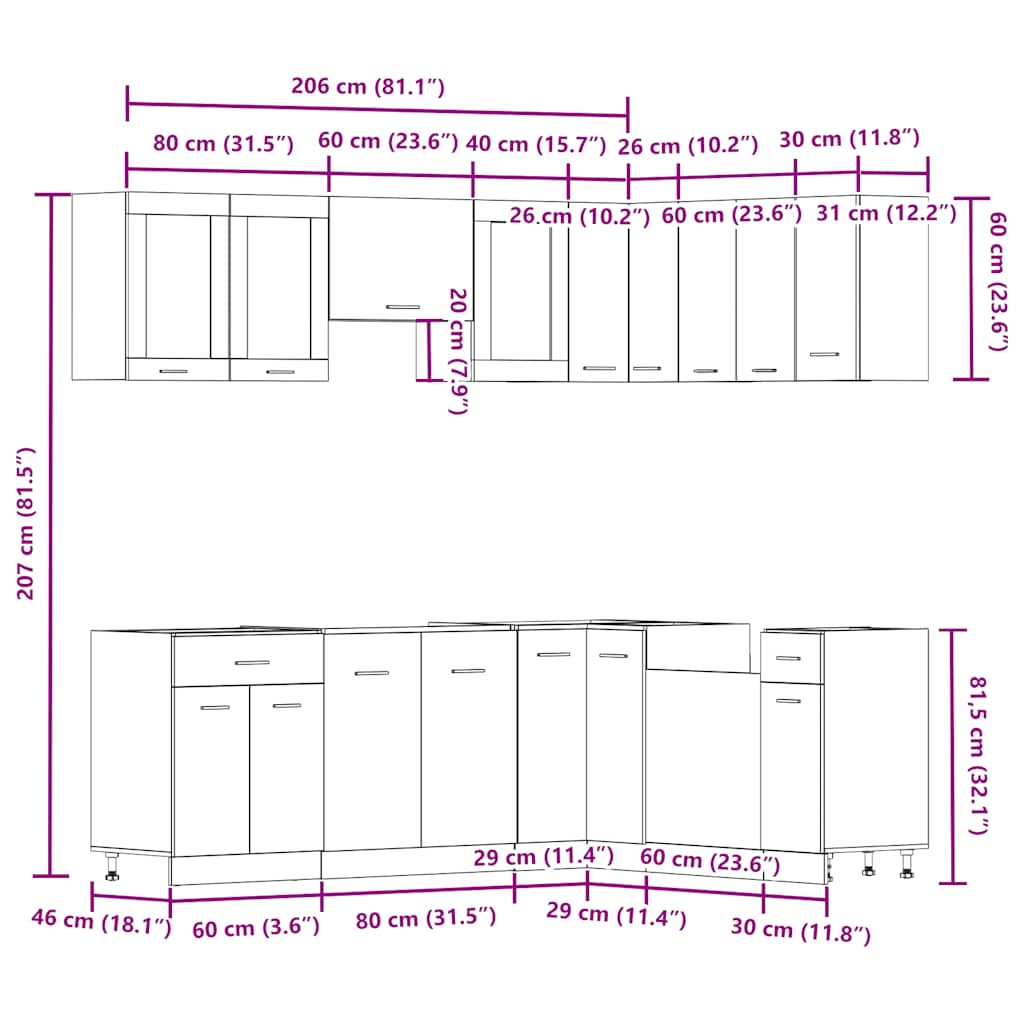 11 Piece Kitchen Cabinet Set Lyon" Old Wood Engineered Wood
