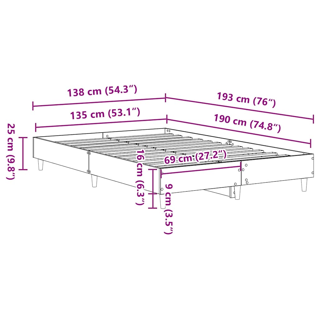 Bed Frame No Mattress Grey Sonoma 135x190 cm Engineered Wood