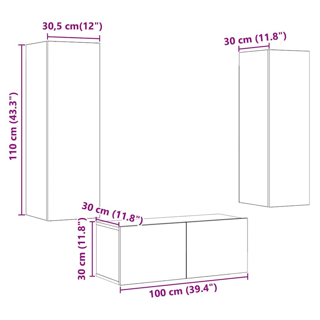 3 Piece Wall-mounted TV Cabinet Set Artisan Oak Engineered Wood