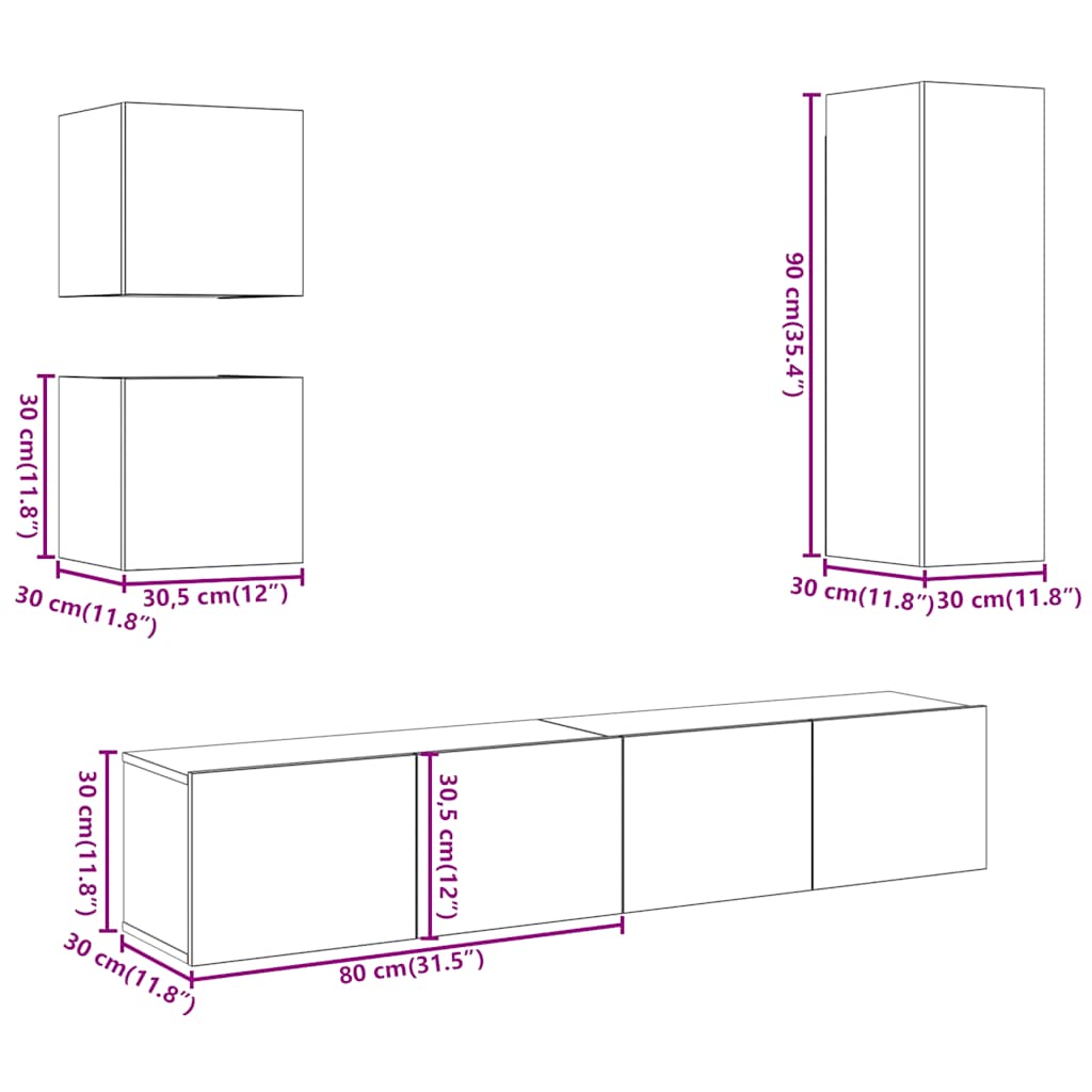 5 Piece TV Cabinet Set Wall-mounted Old Wood Engineered Wood
