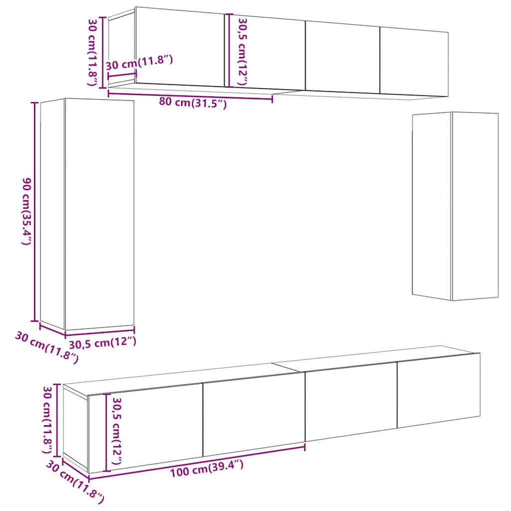6 Piece TV Cabinet Set Wall-mounted Artisan Oak Engineered Wood